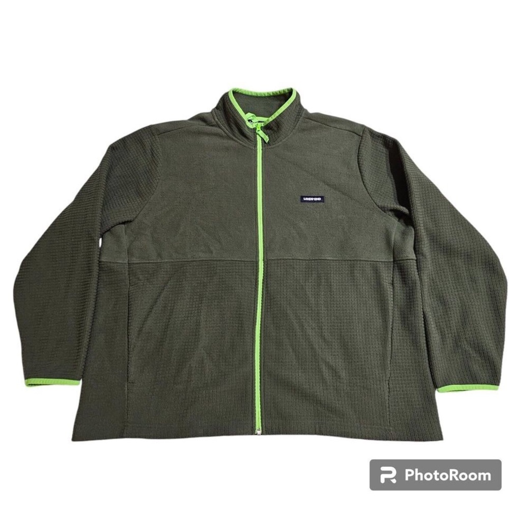 Lands End‎ Grid Fleece Full Zip Jacket XXL 50-52 Olive Green Long Sleeve